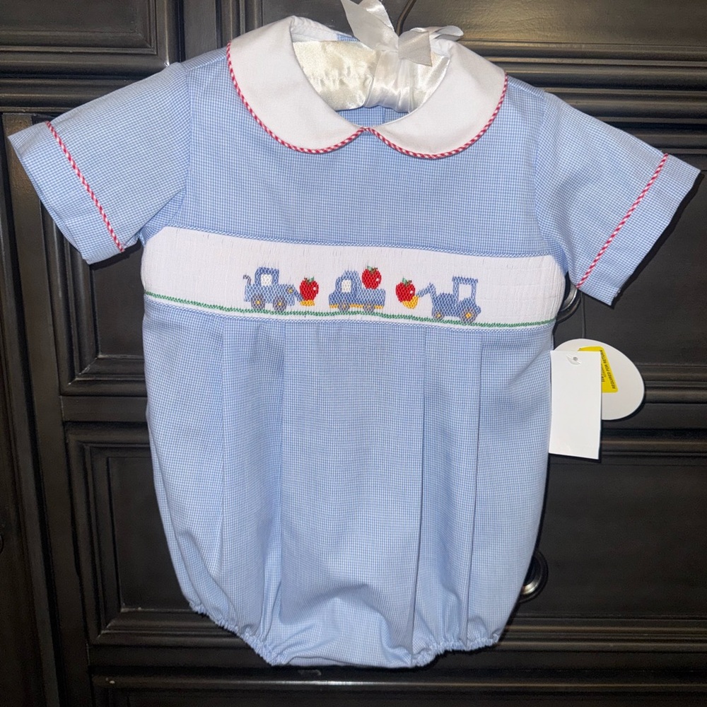 Blue Baby Romper with Train Embroidery